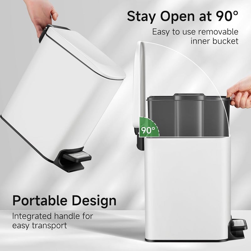 TIPGO Slim Bathroom Trash Can with Lid Soft Close, Step Pedal, 6 Liter / 1.6 Gallon Stainless Steel Trash Bin, Small Garbage Cans for Bedroom, Office, Kitchen (White) - Image 2